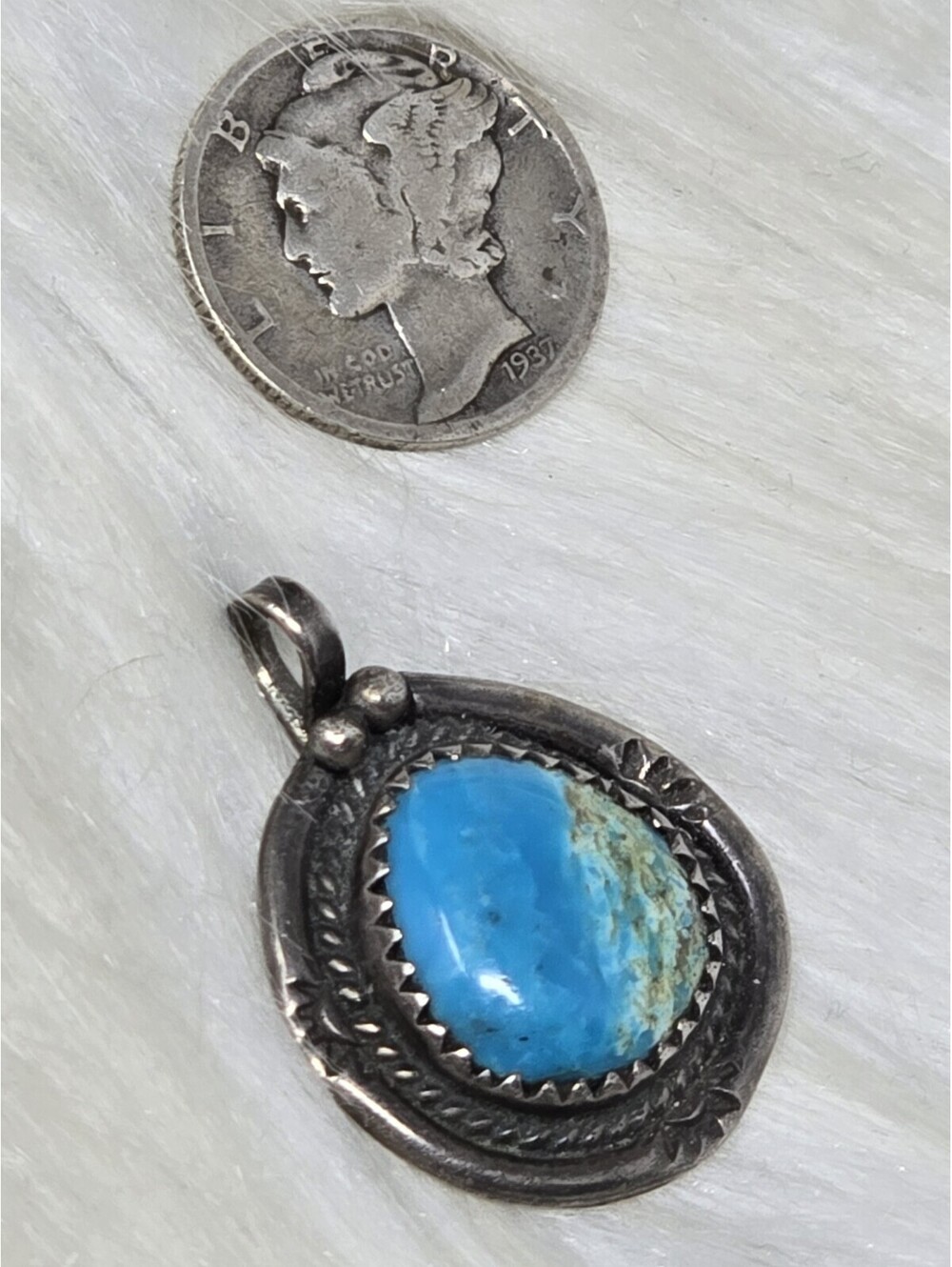 Southwestern Sterling Silver Turquoise Concho Pendant - Picture 4 of 8